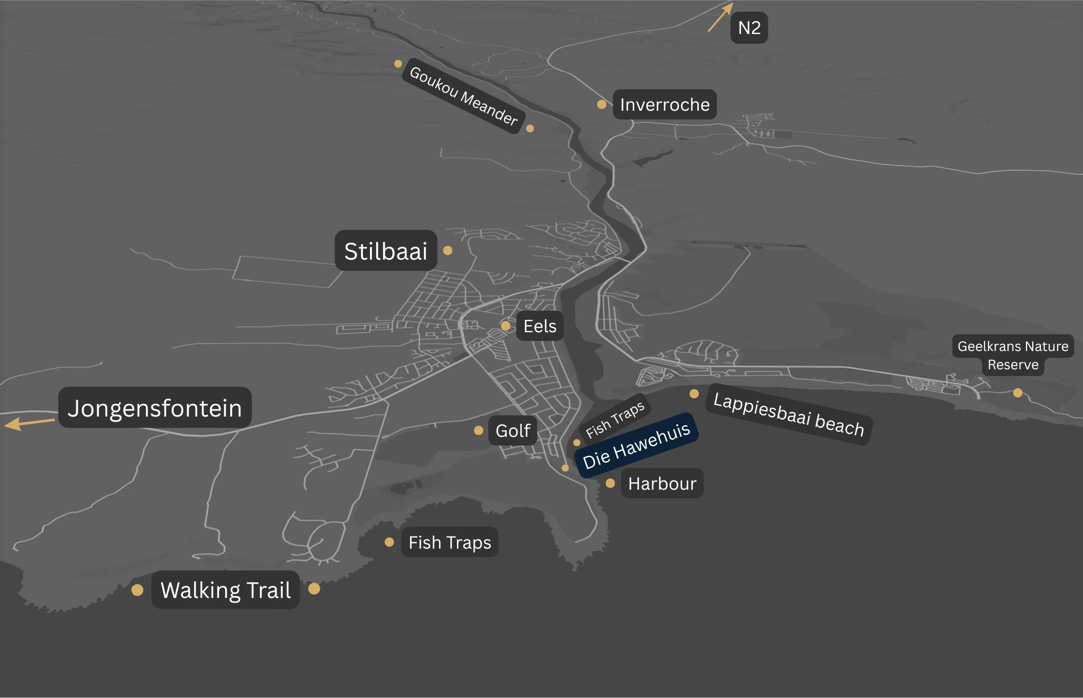 Illustrated map of Stilbaai showing Die Hawehuis and nearby attractions