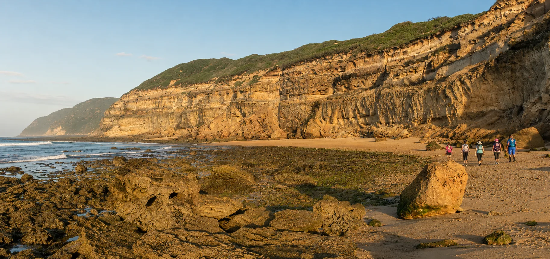 Hikers on the sandstone cliffs of Geelkrans Nature Reserve